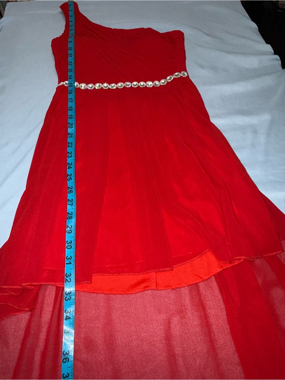 ❤️ Red One-Shoulder Rhinestone High-Low Formal Dress ❤️ - Picture 6 of 8